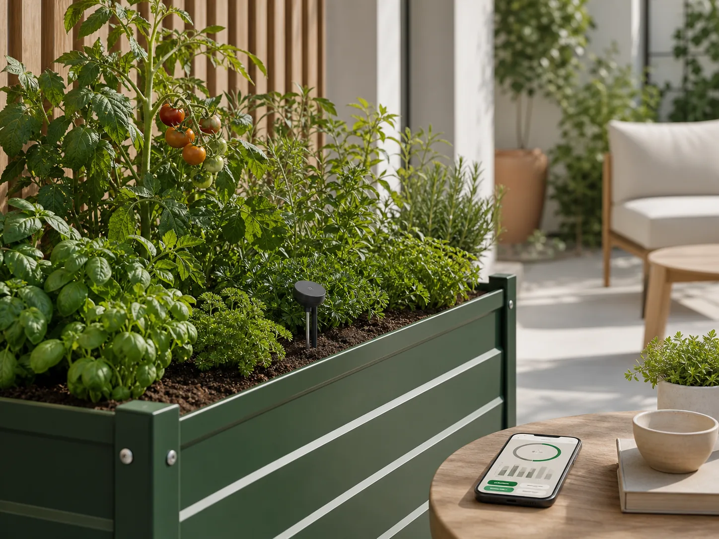 A patio raised bed with a phone showing garden care status nearby.
