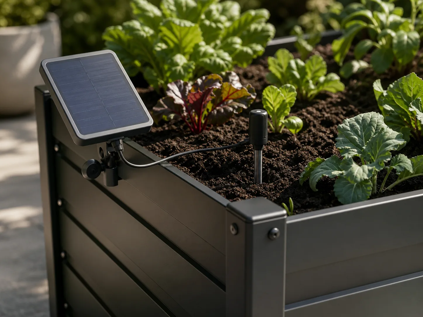 Close-up of a raised bed with a solar panel and soil sensor.