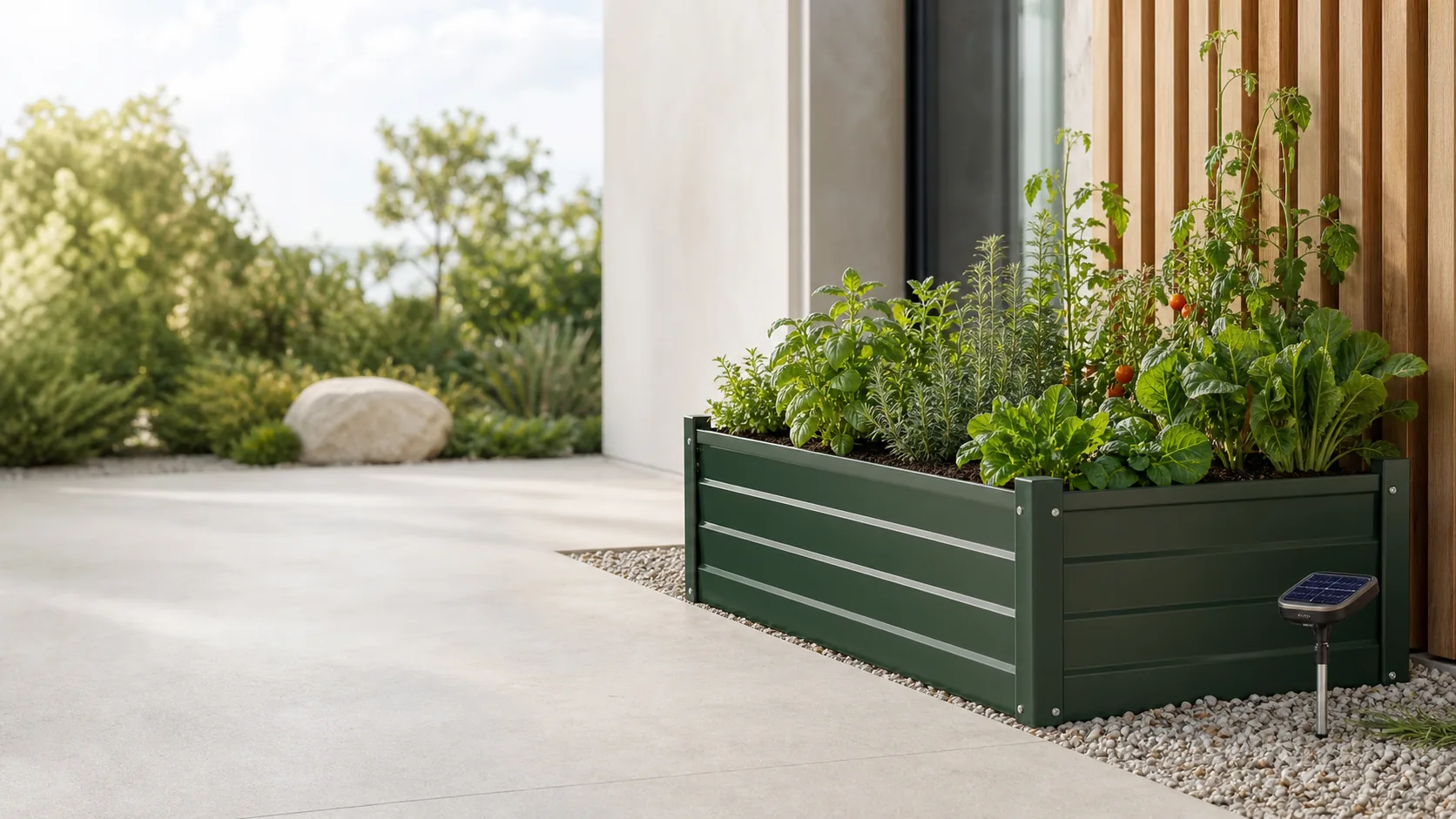 A LoamAura-style raised garden bed with a solar garden sensor on a clean patio.